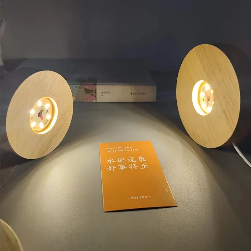 USB Powered 8cm 10cm Round Wood Led Light Base Display Stand for 3D Crystal sphere Resin Glass Balls
