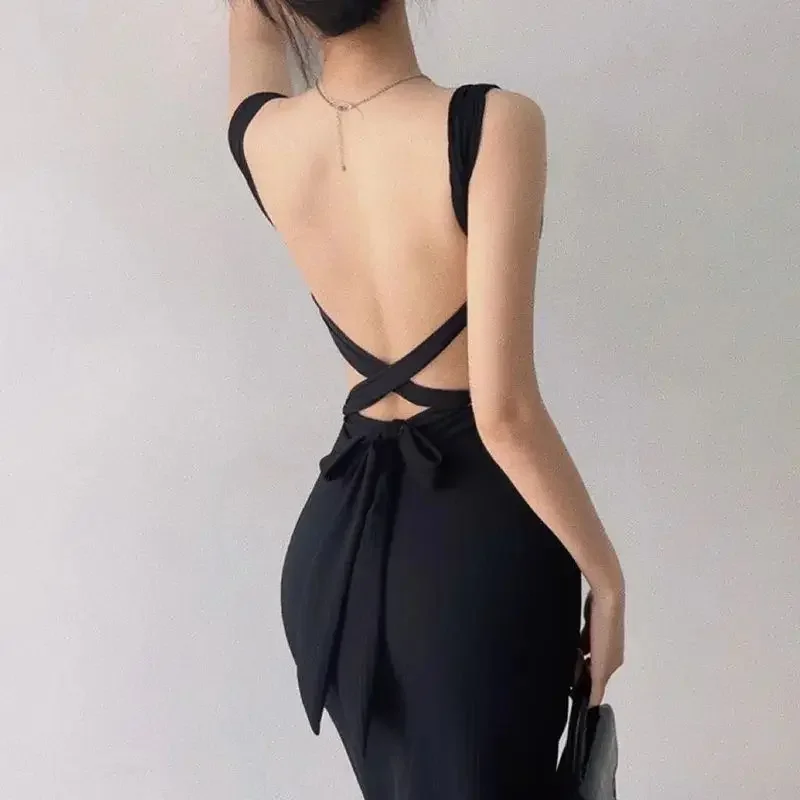 Sexy Backless Hollow Out Strap Dress Women Y2K Korean Slim Lace Up Midi Dress Female Elegant Party Night Prom Camis Dress New