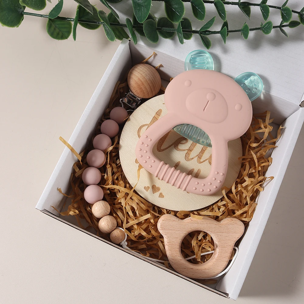 newborn gift set silicone teething bear toy soothing toy dummy clip milestone gift box essentials view 3