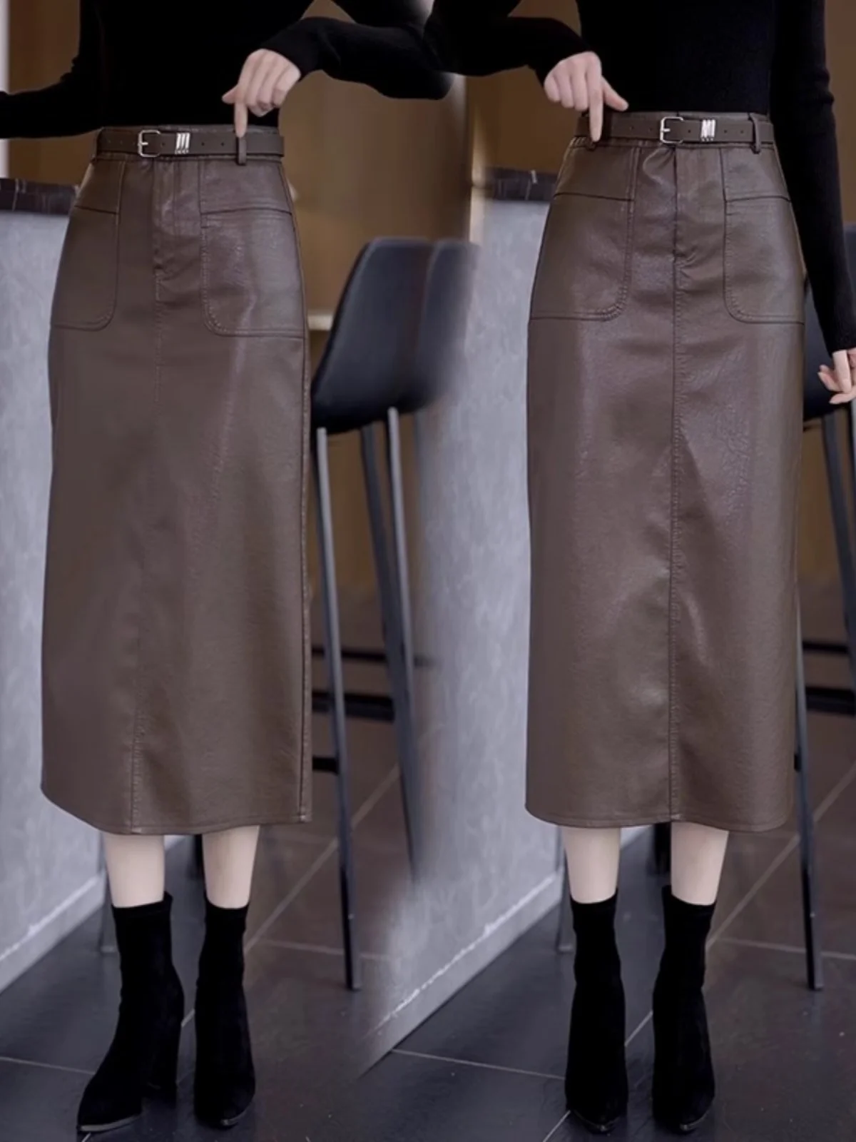 

Юбка-миди трапециевидной формы с высокой талией для женщин, весна-осень, открытая кожаная юбка с разрезом, утягивающая ступенчатая юбка Faion, универсальный чистый цвет