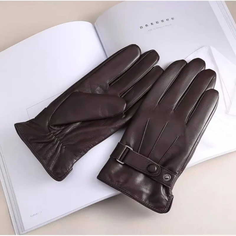 Winter Genuine Sheepskin Leather Gloves For Men Winter Warm Touch Screen Velvet Lined Snow Driving Motorcycle Gloves