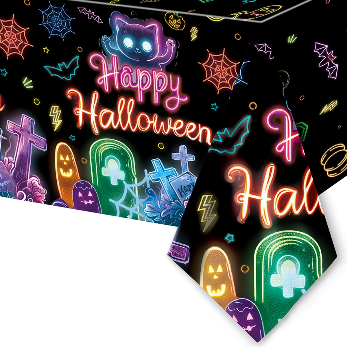 Fluorescent Halloween Theme Party Decoration Spider Web Bat Cat Plastic Table Cover Happy Halloween Party Supplies for Home 2024