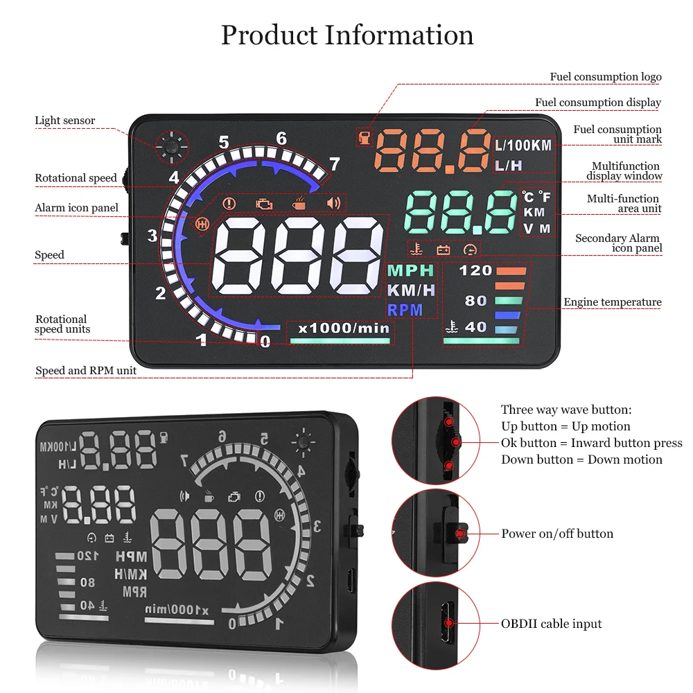 AD 5.5'' OBD2 HUD Car Head Up Display A8 HUD Cyfrowy prędkościomierz Projektor prędkości przedniej szyby z alarmem temperatury wody i prędkości obrotowej