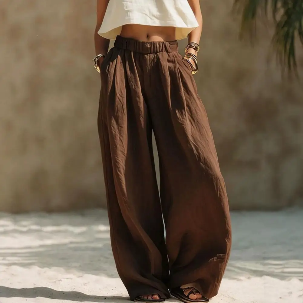 Women Pants Women Wide Leg Casual Pants Elastic Waist Loose Trousers with Pockets Pleated Palazzo Pants for Spring Fall Comfort