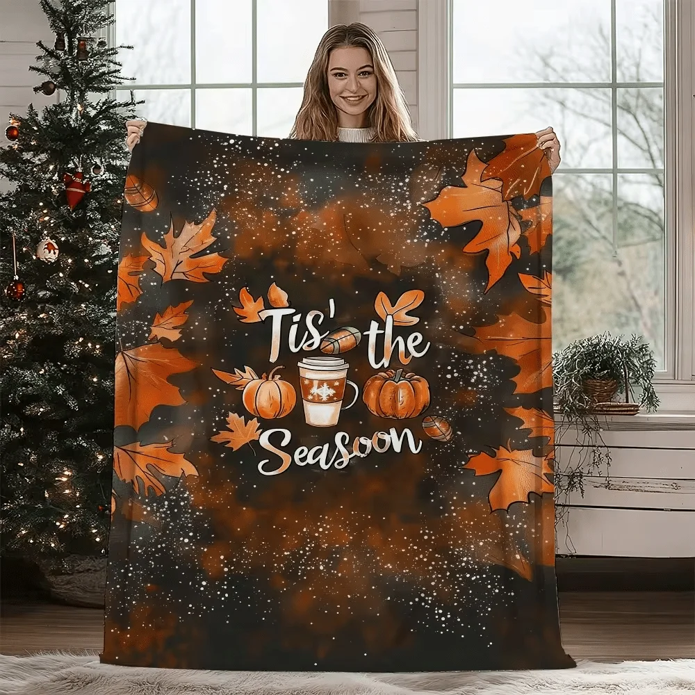 Autumn Leaf Coffee Cup Tis The Season Text Warm Quote Soft Cozy Throw Blanket for Sofa Bed Cozy Vibe
