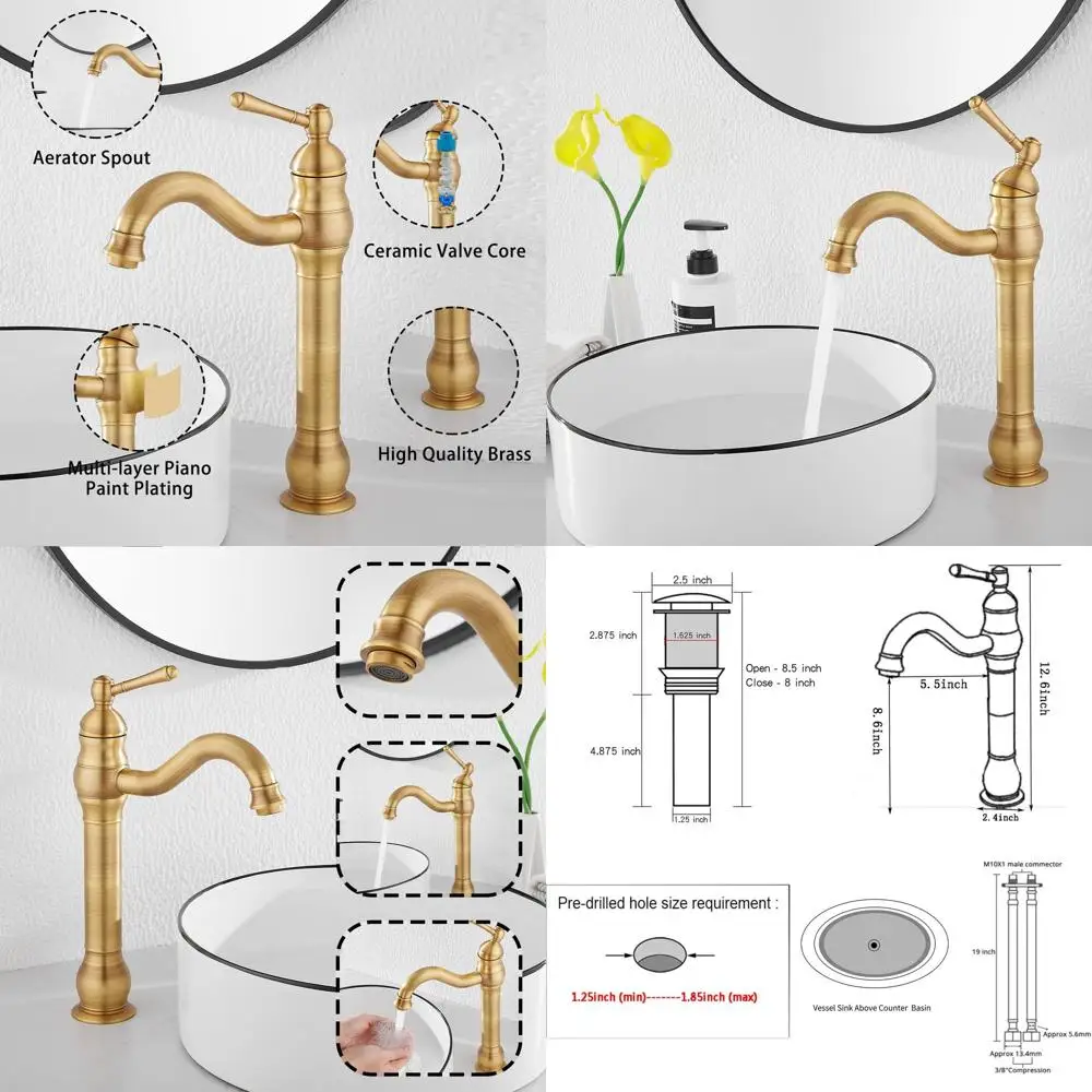 

Single Handle 360° Swivel Antique Brass Vessel Sink Faucet with Pop-Up Drain