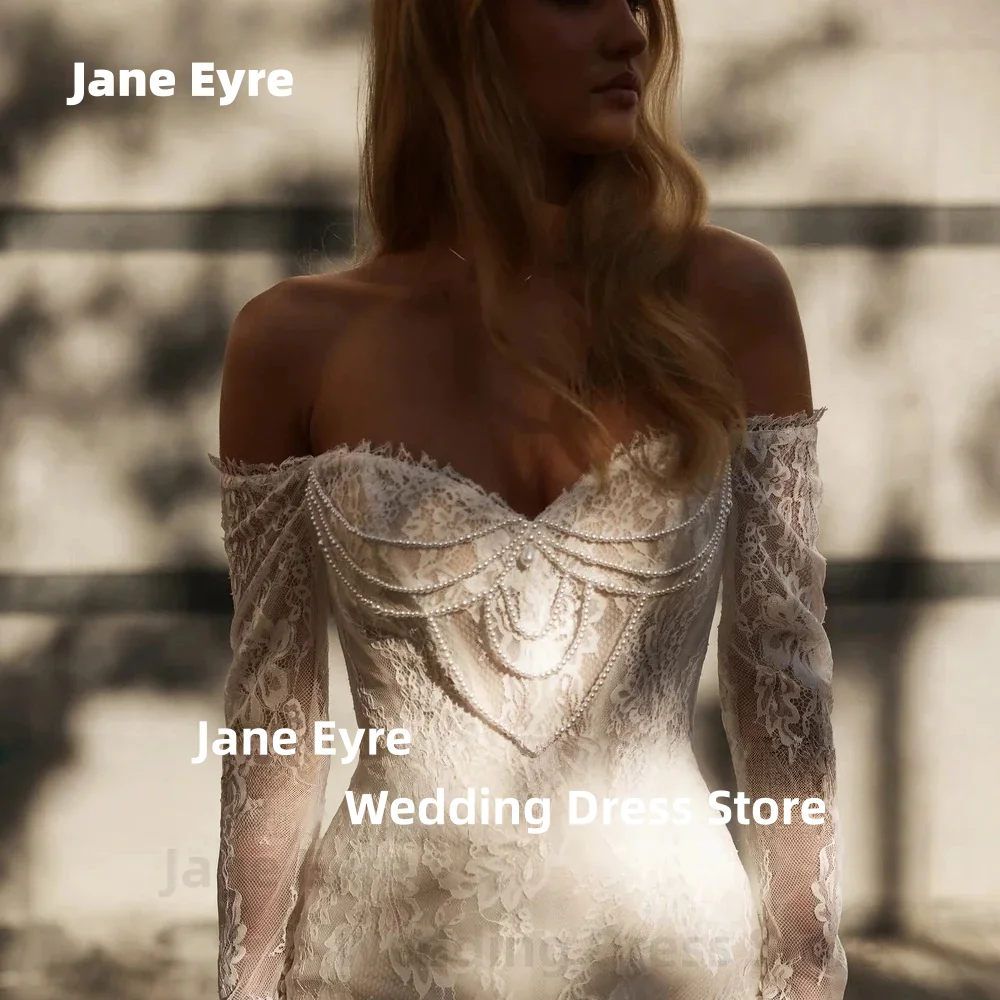 ジェーン・エア カスタムオーダー オフショルダー レース マーメイド ウェディングドレス フルスリーブ ビーズ装飾 ブライダルガウン コートトレーン付き