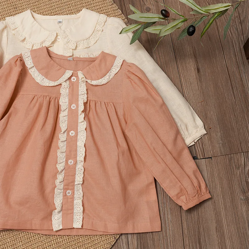 

Children's Contrasting Lapel-neck Doll Shirt 2025 Spring and Summer Lace Splicing Children's Shirt Bubble Sleeve Japanese Top