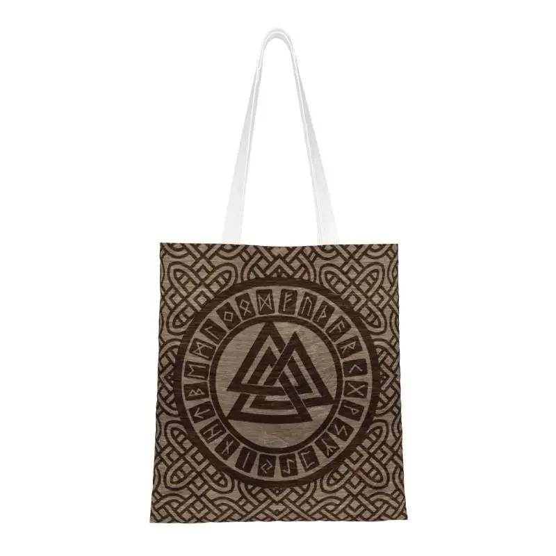 

Funny Valknut Symbol And Runes On Wood Shopping Tote Bag Reusable Norse Canvas Groceries Shopper Shoulder Bag