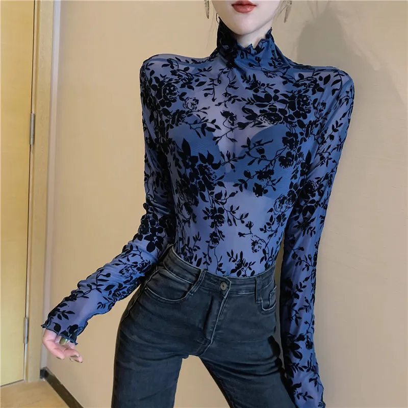 Size M-XXXL Transparent Flocking Mesh T-shirt Women Turtleneck Slim Long Sleeve T Shirts Girls Elastic Tops Tees Shirts