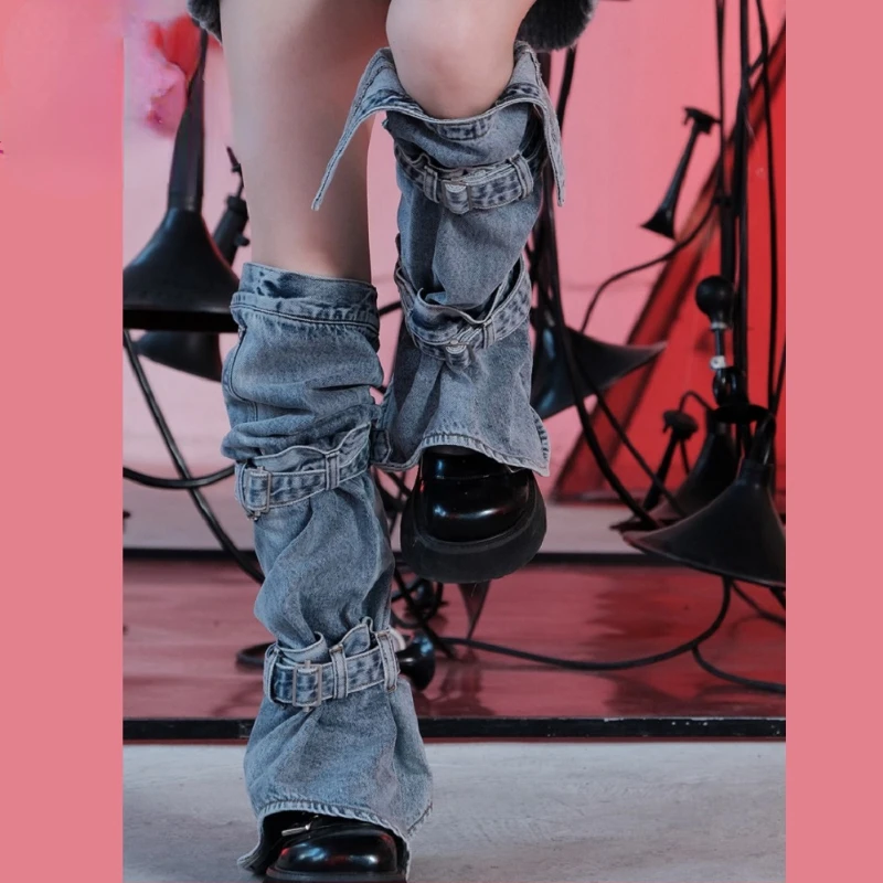 Kaus Kaki Penghangat Kaki Wanita Harajuku Kaus Kaki Tinggi Lutut Dapat Disesuaikan Denim Rock Punk Streetwear Mode Jepang Penutup Kaki Penghangat Kaki