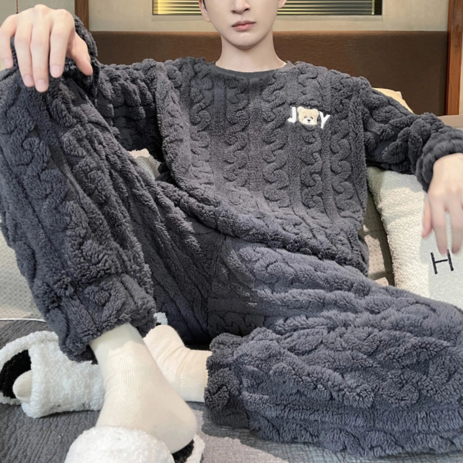 Men Winter Loungewear Men\'s Winter Loungewear Plush Warm Coat Coral Fleece Pants Set for Cozy Homewear Men Long Johns Set
