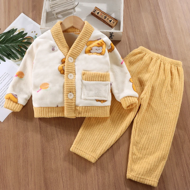 Suit autumn and winter plush warm Korean version boys and girls aged 0-9 sweet and lovely home clothes fashion children clothing