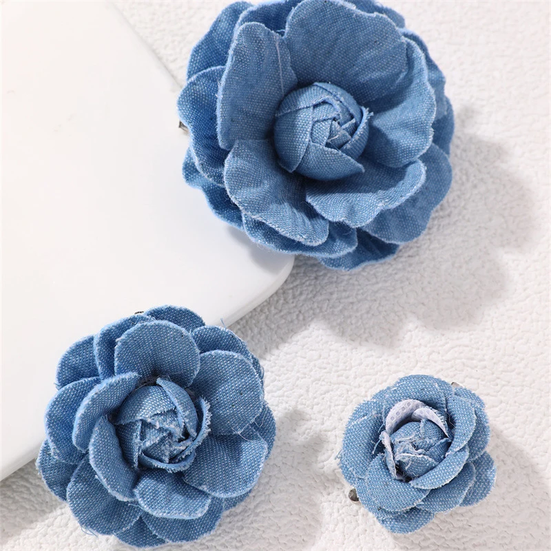 New Blue Fabric Camellia Flower Brooches For Women Handmade Cloth Art Lapel Pins Corsage Fashion Jewelry Badge Accessories