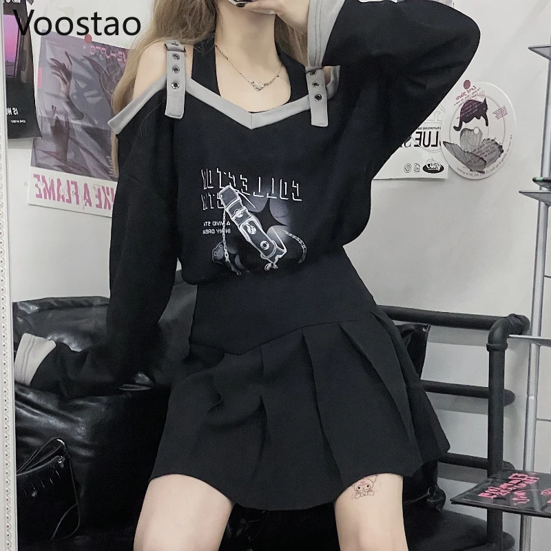 Spring Autumn Women Gothic Loose Hoodies Sexy Off Shoulder Long Sleeve Pullover Female Chic Harajuku Print Y2k Punk Sweatshirts