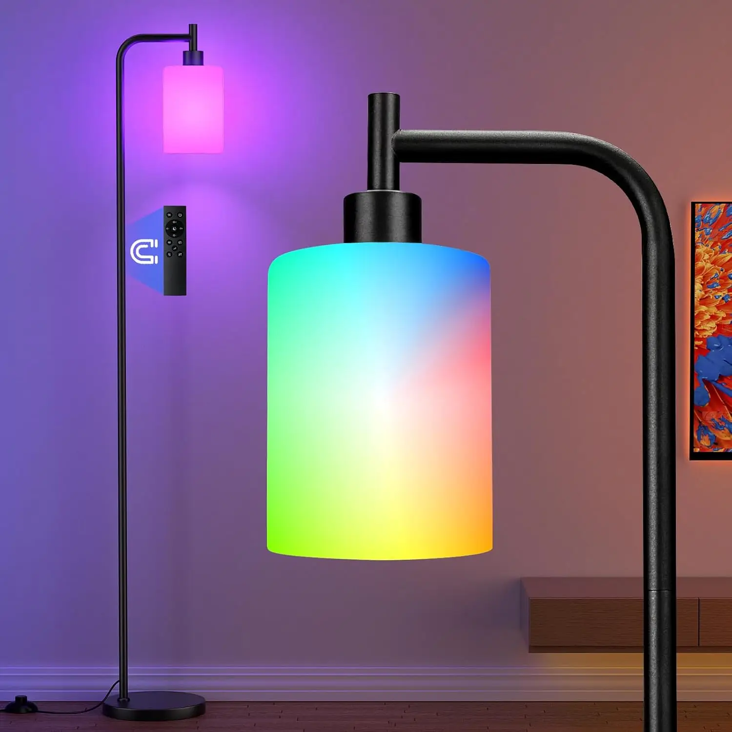

RGB Dimmable Floor Lamp with Remote, 3 Color Temps, White Glass Shade for Living Room & Bedroom