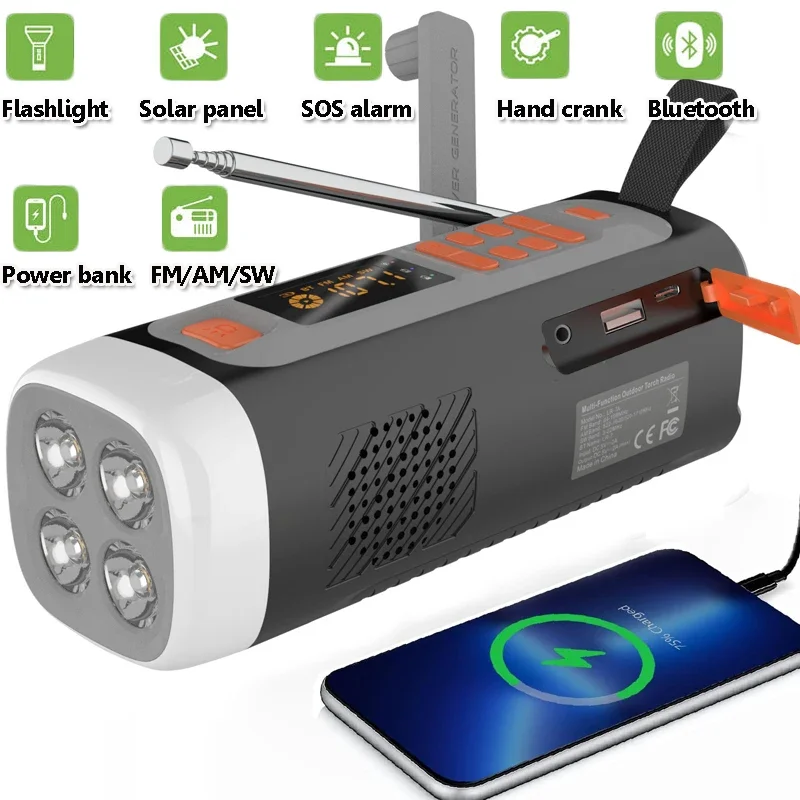 Rádio de emergência portátil manivela solar fm am sw rádios sem fio bluetooth alto-falante com lanterna sos suporte carregador telefone
