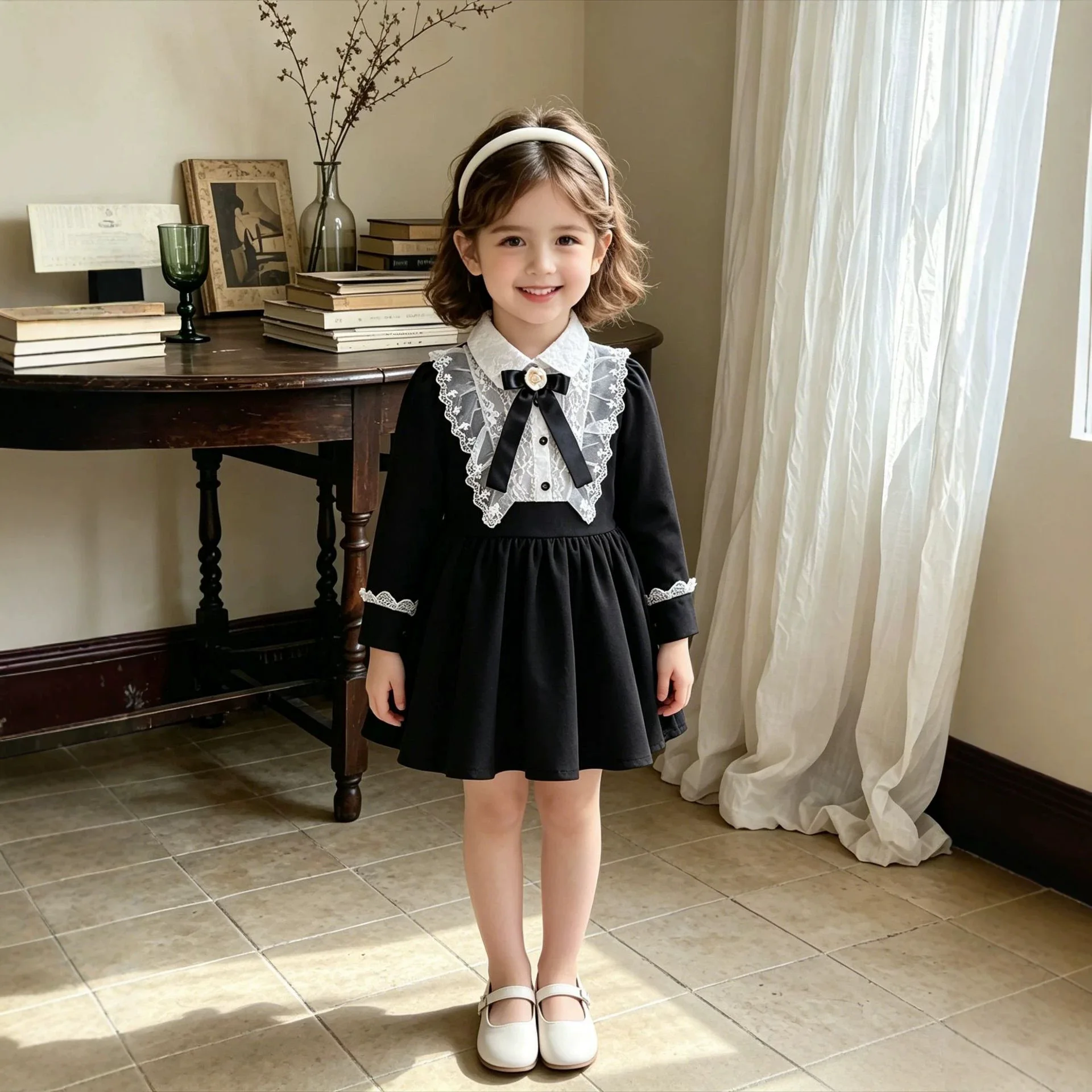 2026 Autumn New Girls Hepburn-Inspired Long-Sleeve Princess Dress with Lace and Bowknot, Vintage Style, Wholesale Available