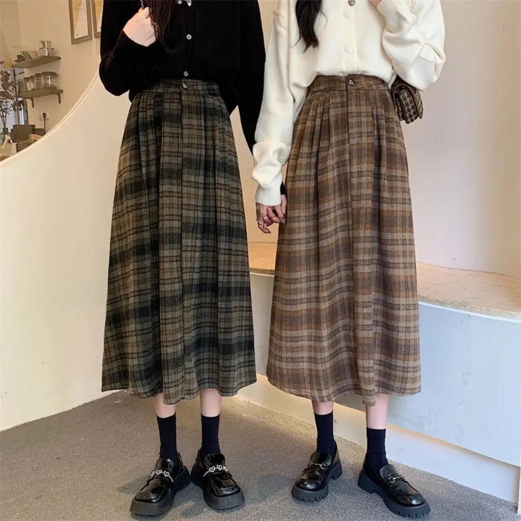

Retro Women's Woolen Plaid Skirt High Waist A-Line Mid-Length Slimming Spring Season Design Umbrella Skirt