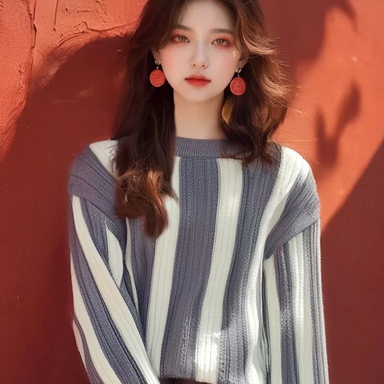 

Korean Faion Long Sve Knitted Sweater Women's Loose Fit Stripe Pattern Bla White Autumn Winter New Sle Versatile Top