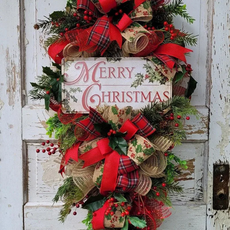 Artificial Wreath with Merry Christmas Signs for Home Decor Front Door Pendant Wall Hanging Ornament Reusable Holiday Supplies