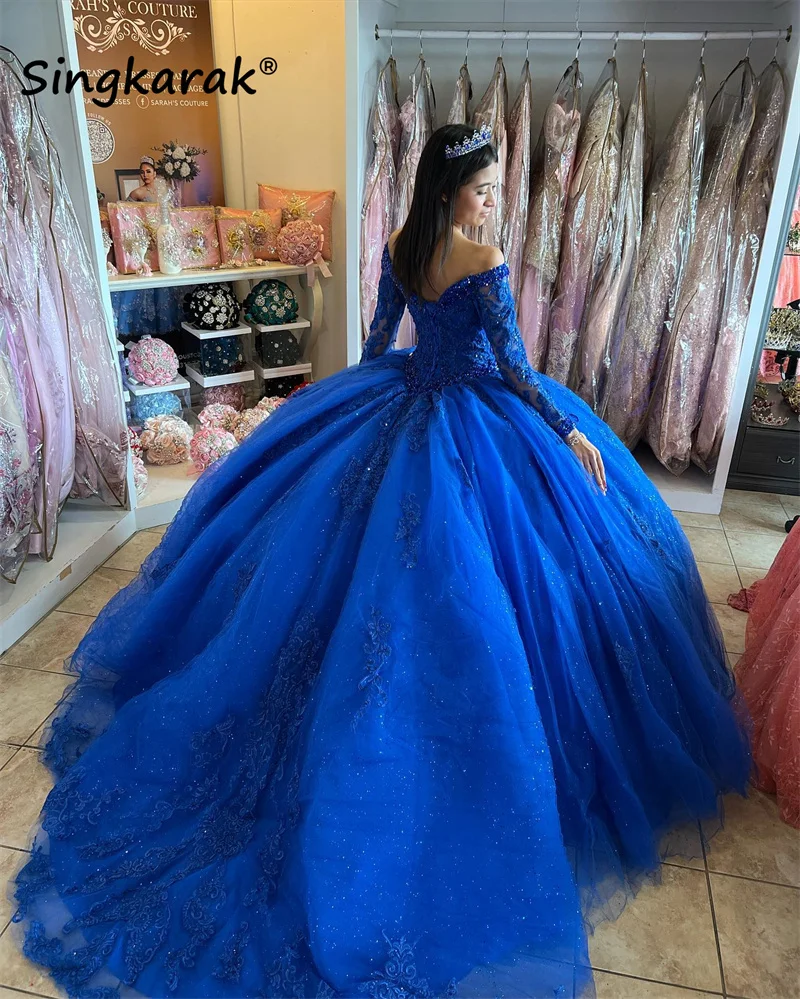 

New Arrival Royal Blue Luxury Quinceanera Dresses Long Sleeves Appliques Crystal Ball Gown Princess Sweet 16 Gowns Vestidos