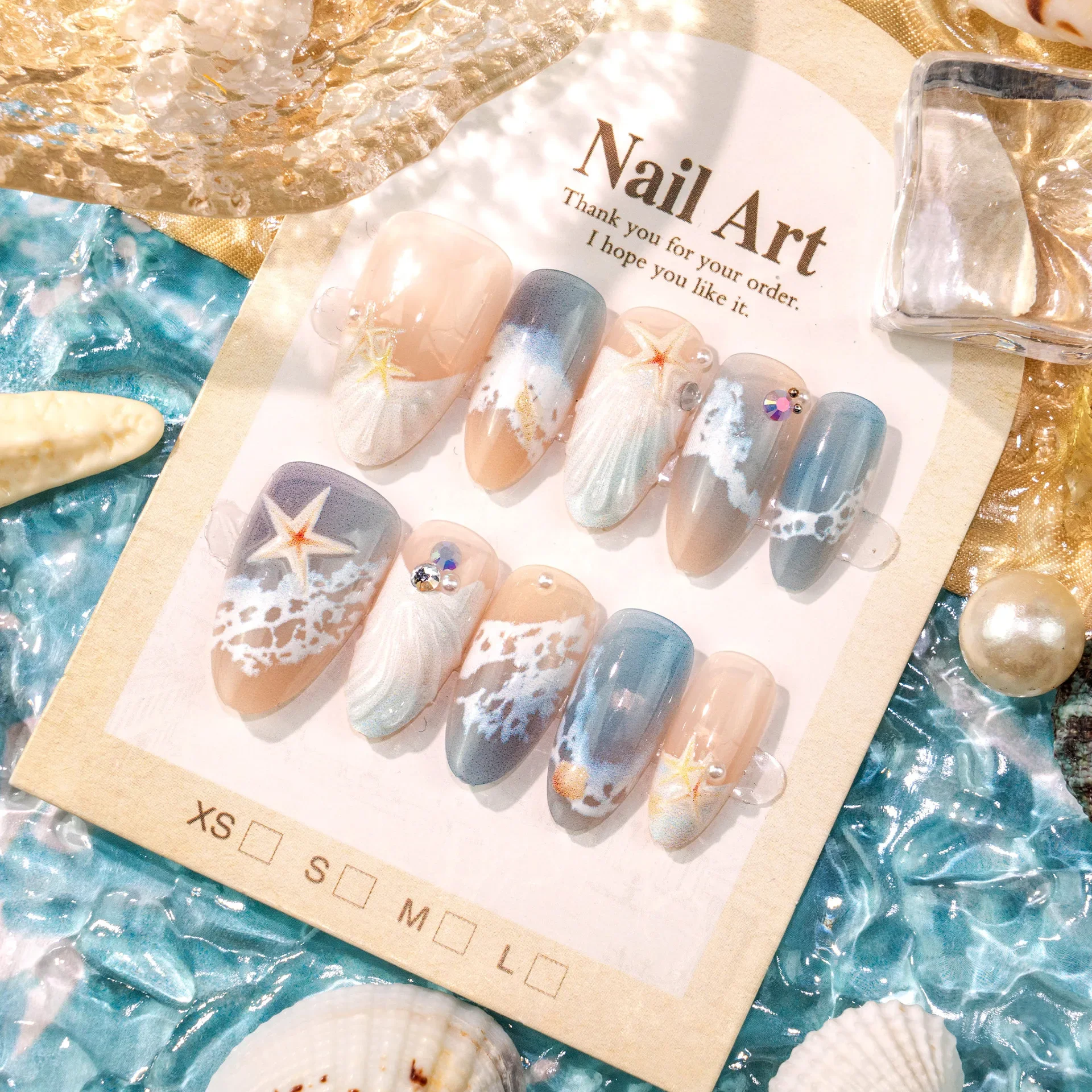 3D Rhinestone Beach False Nails Hand Painted Ocean Wave Star Shell Reusable Press On Nails