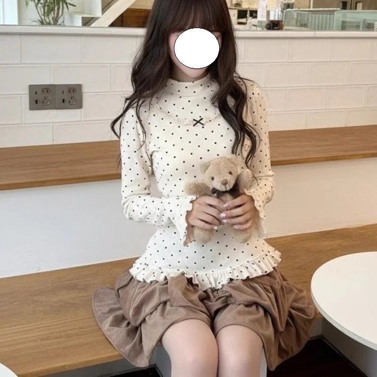 

Женский зимний облегающий топ с высоким воротником и длинным рукавом в стиле Y2K, с принтом, кружевом и узлами, базовый слой