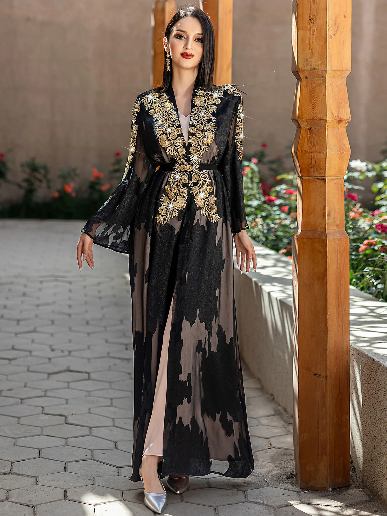 

2pcs Evening Dresses Women Dubai Arabic Gold Black Lace Embroidery Prom Dress Turkey Robe Eid Ramadan Morocco Kaftan Abaya Gown