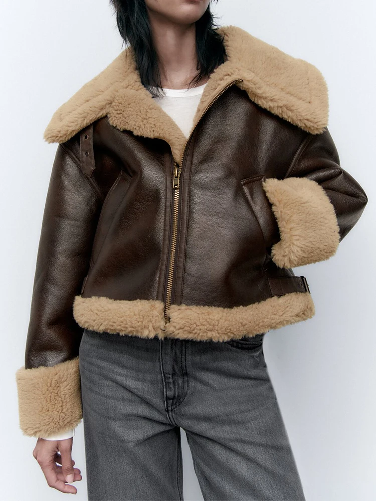 FTLZZ New Winter Thick Faux Leather Fur Sheepskin Coat Women Fashion Lapel Zipper Short Pu Jacket Lady Warm Moto Biker Outwear