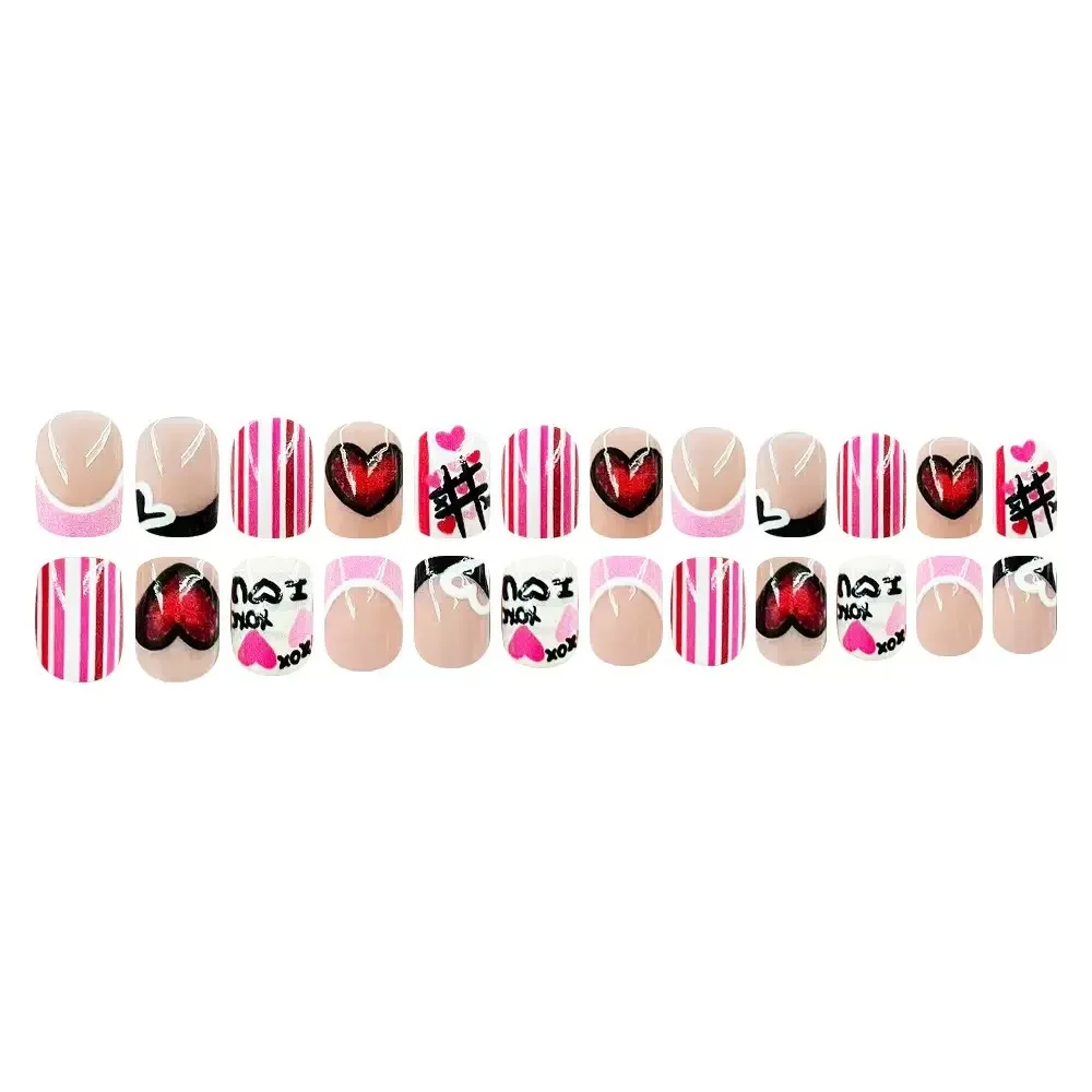 24 STKS Y2k Roze Korte Vierkante Druk op Nagels Volledige Dekking Zoete Koele Hart Strepen Franse Nep Nagels voor Meisjes Vrouwen Leuke Valse Nagel