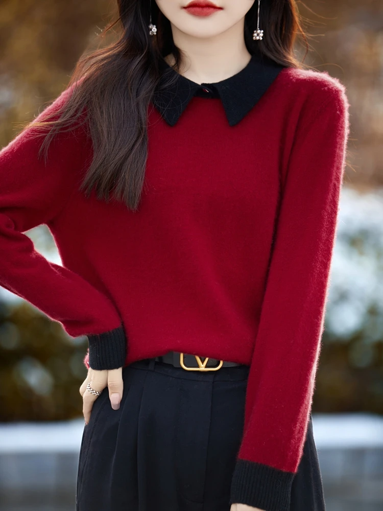 

Color blocking high neck sweater knitted spring and autumn fashionable loose and lightweight slim fit women's bottom sweater