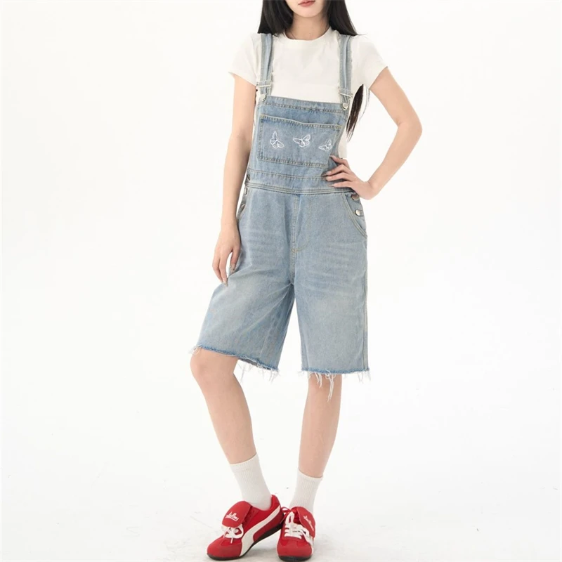 

Women's Butterfly Embroidery Playsuits Overalls Casual Girl Fashion Denim Shorts Pants Female Streetwear Rompers Mini Trouser