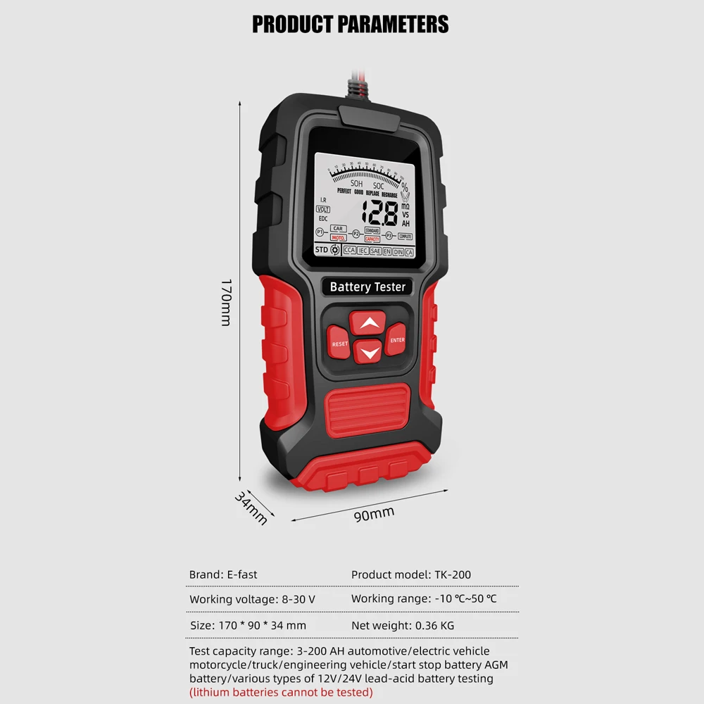 Battery Tester Internal Resistance Tester 12V/24V Intelligent Car Motorcycle Battery Tester Portable Digital Battery Test