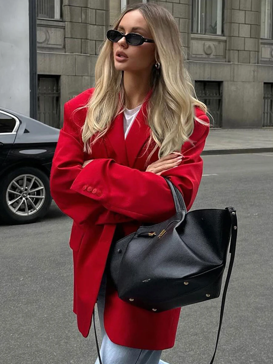 Autumn Red Fashion Blazer Women 2024 New Single Breasted Long Sleeve Pockets Outerwear Streetwear Fashion Casual Jackets Female