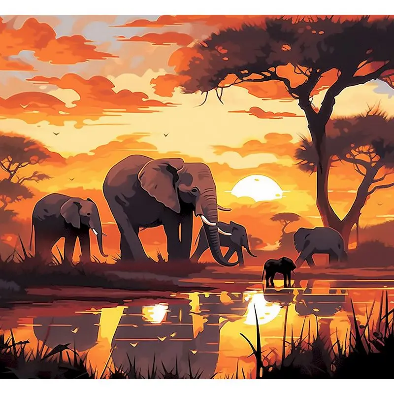 GATYZTORY Sunset Elephants DIY Painting By Numbers