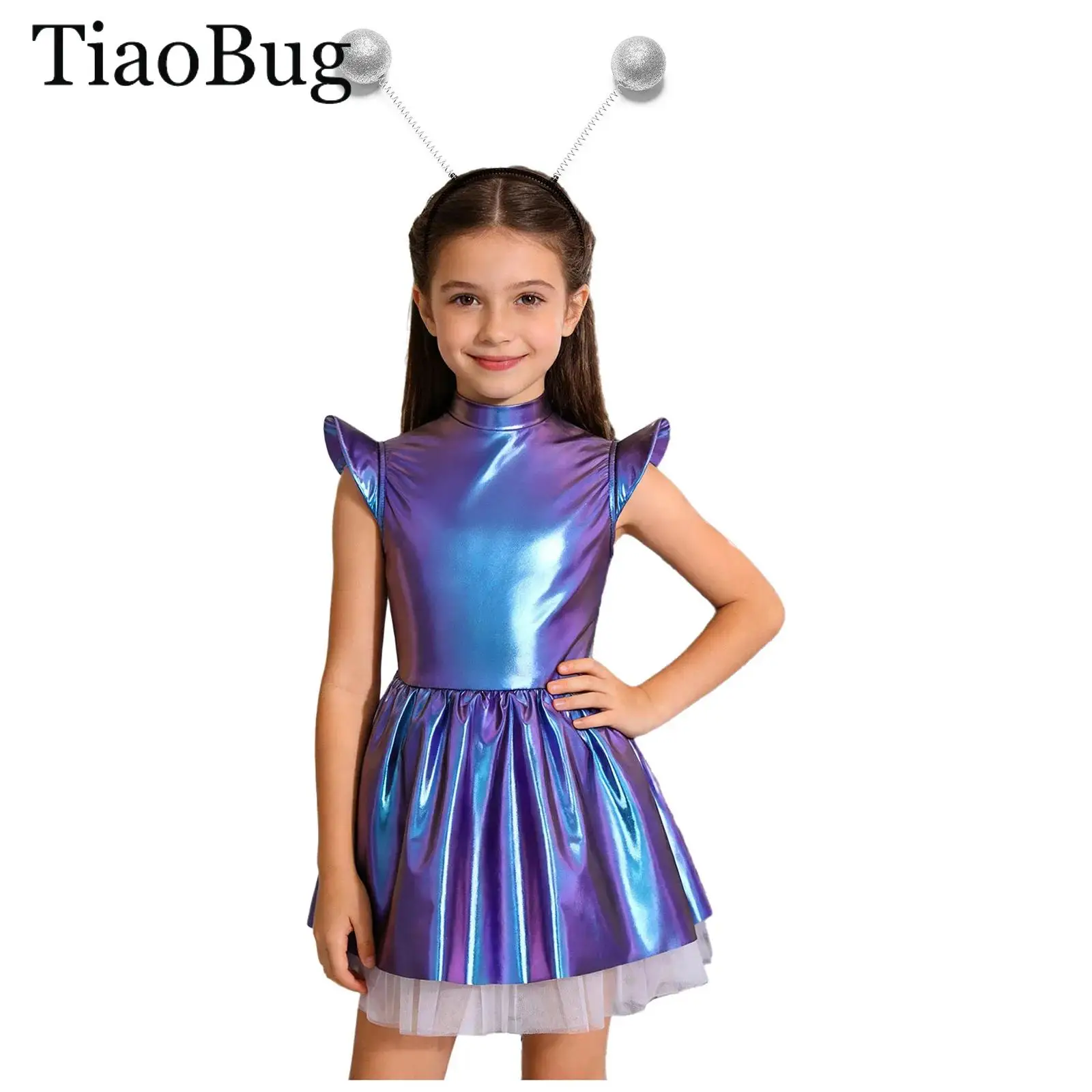 

Girls Alien Robot Costume Halloween Fancy Outerspace Astronaut Cosplay Metallic Shiny Flare Sleeve Tutu Dress And Hair Hoop Suit