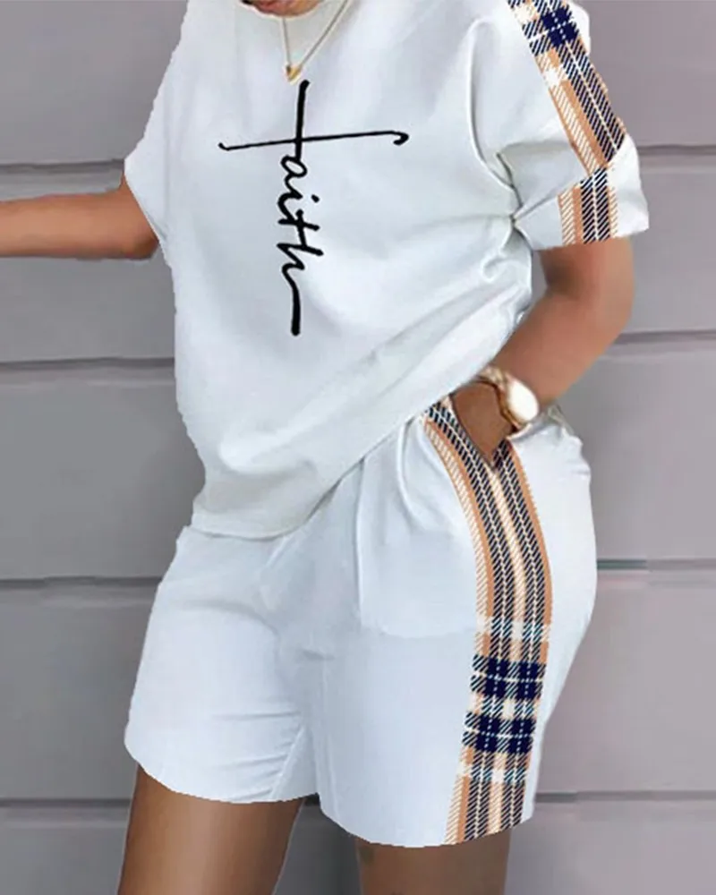 Summer Casual Loose Print Tshirt Short Set Women Fashion O-neck Patchwork T Shirt Two Piece Set And Pockets Shorts Suits White