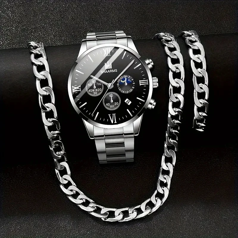 3-piece men's quartz watch + accessories, combining business and sports styles, suitable as Valentine's Day and New Year gifts