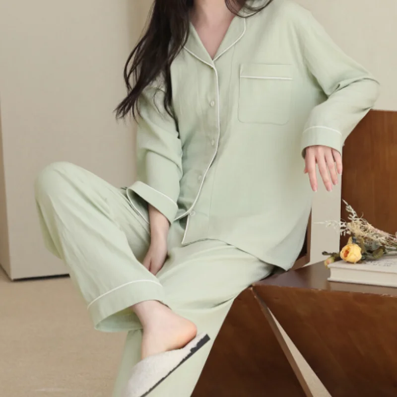 Women Casual Sleepwear Pajamas Set 100% Cotton Nightwear 2Pcs Shirt&pants Home Wear Solid Lapel Long Sleeve Home Clothes