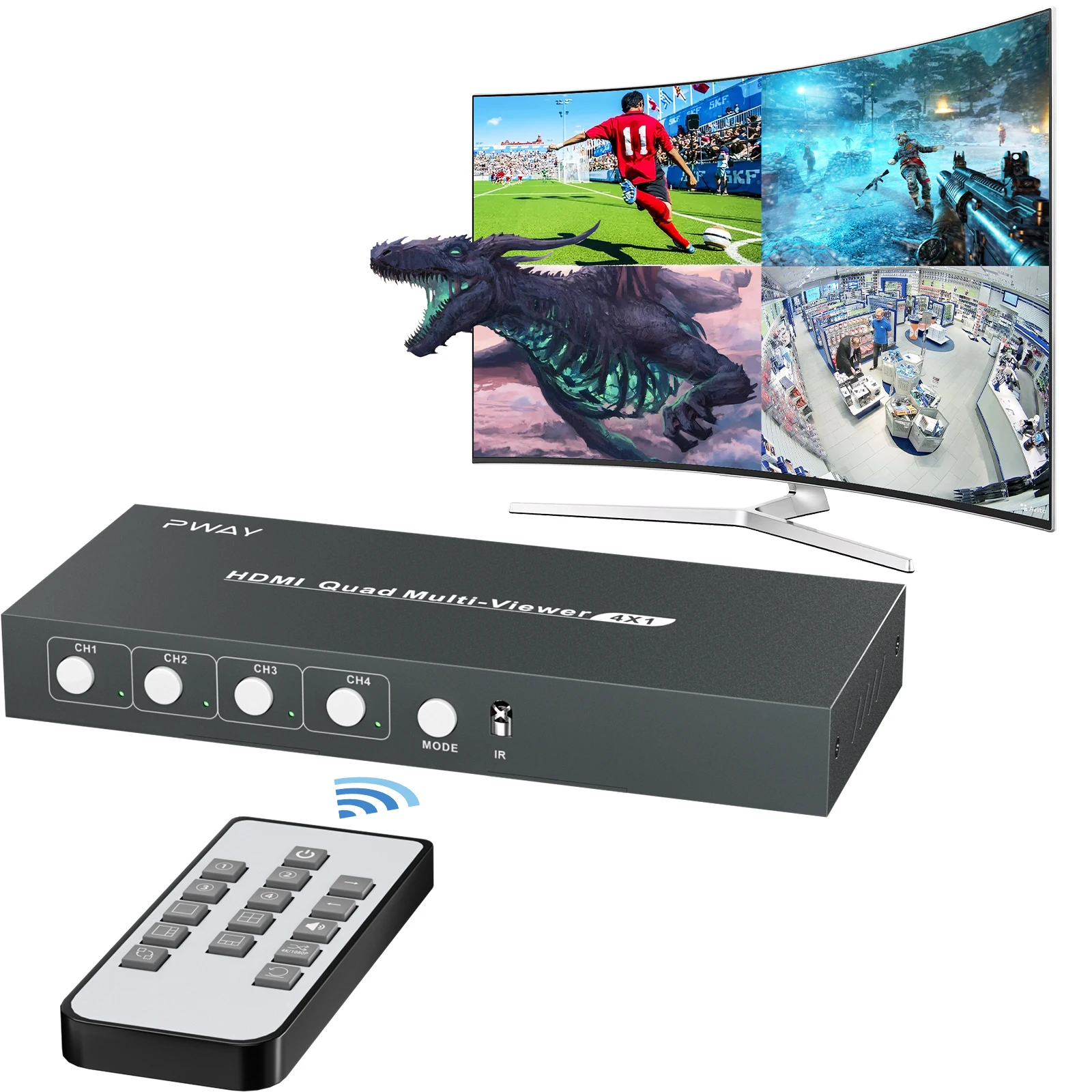 

HDMI Multiviewer Switch 4 Port 4K Viewing Quad Multi-Viewer Switcher 4 in 1 Out with Audio Extractor for Security Camera Gaming