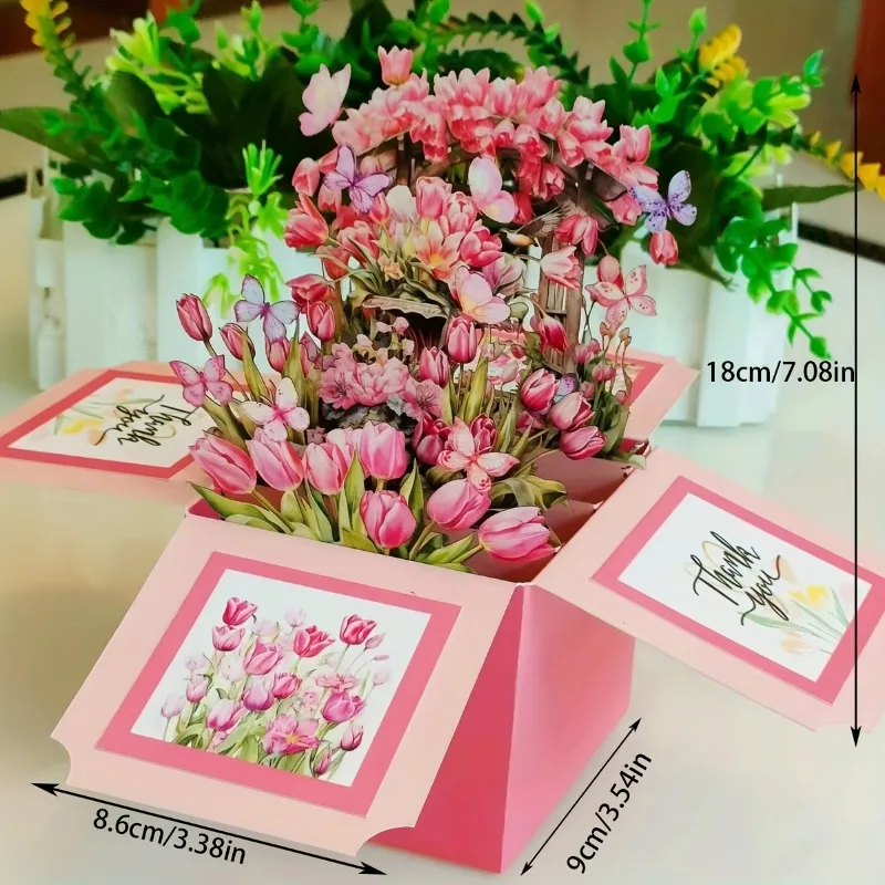 1pcs Tulip and Butterfly 3D Pop up Greeting Card for Birthday Mother's Day Father's Day Thanksgiving Card Suitable for Everyone