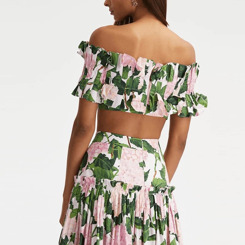 

Stylish Plant Floral Printed Bodysuits And Half Skirts 2 Piece Summer Bikini Sets Sexy Off Shoulder Ruffles Tops&Underpants Sets