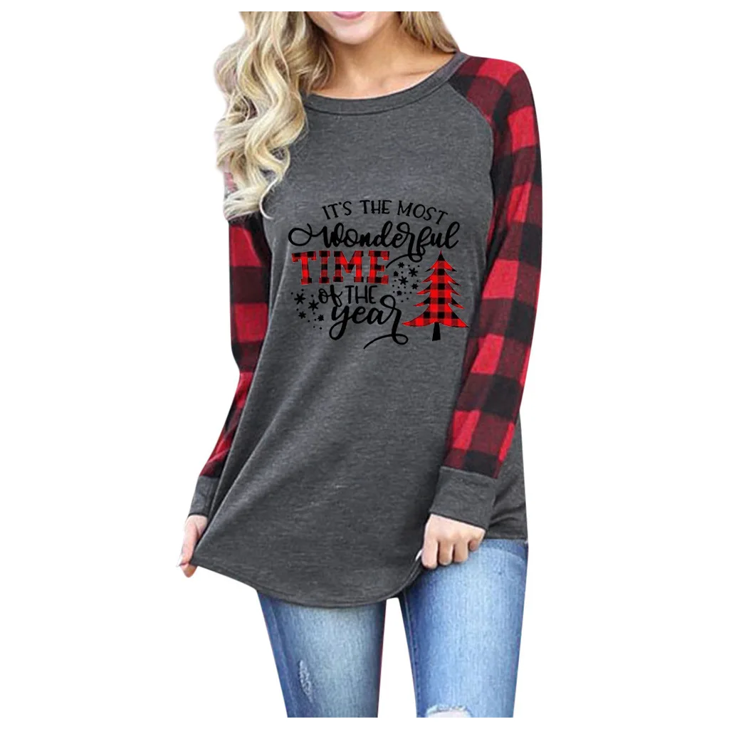 2024 Europe and the United States Spring and autumn women\'s Christmas printed round neck plaid long-sleeved top T-shirt