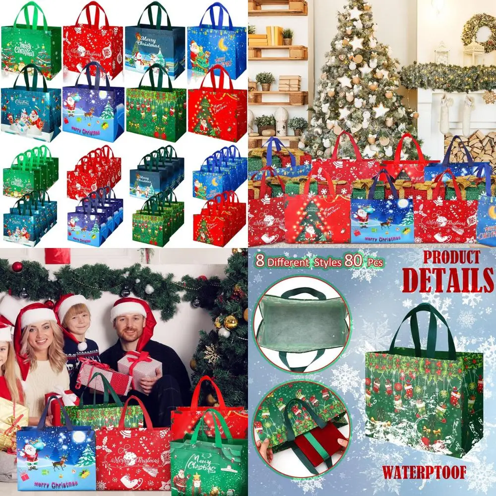 

Bulk 80 Large Reusable Christmas Tote Bags 12.6x9.84x6.69 Inches with Handle for Xmas Party Treats