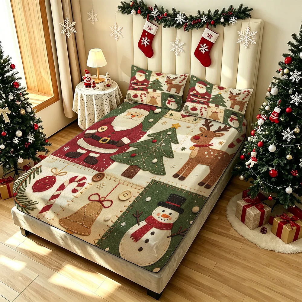 3pcs Christmas Fabric Collage Print Bedding Set Coreless Soft Comfortable 1 Bedspread 2 Pillowcases Bedroom Decoration Holida