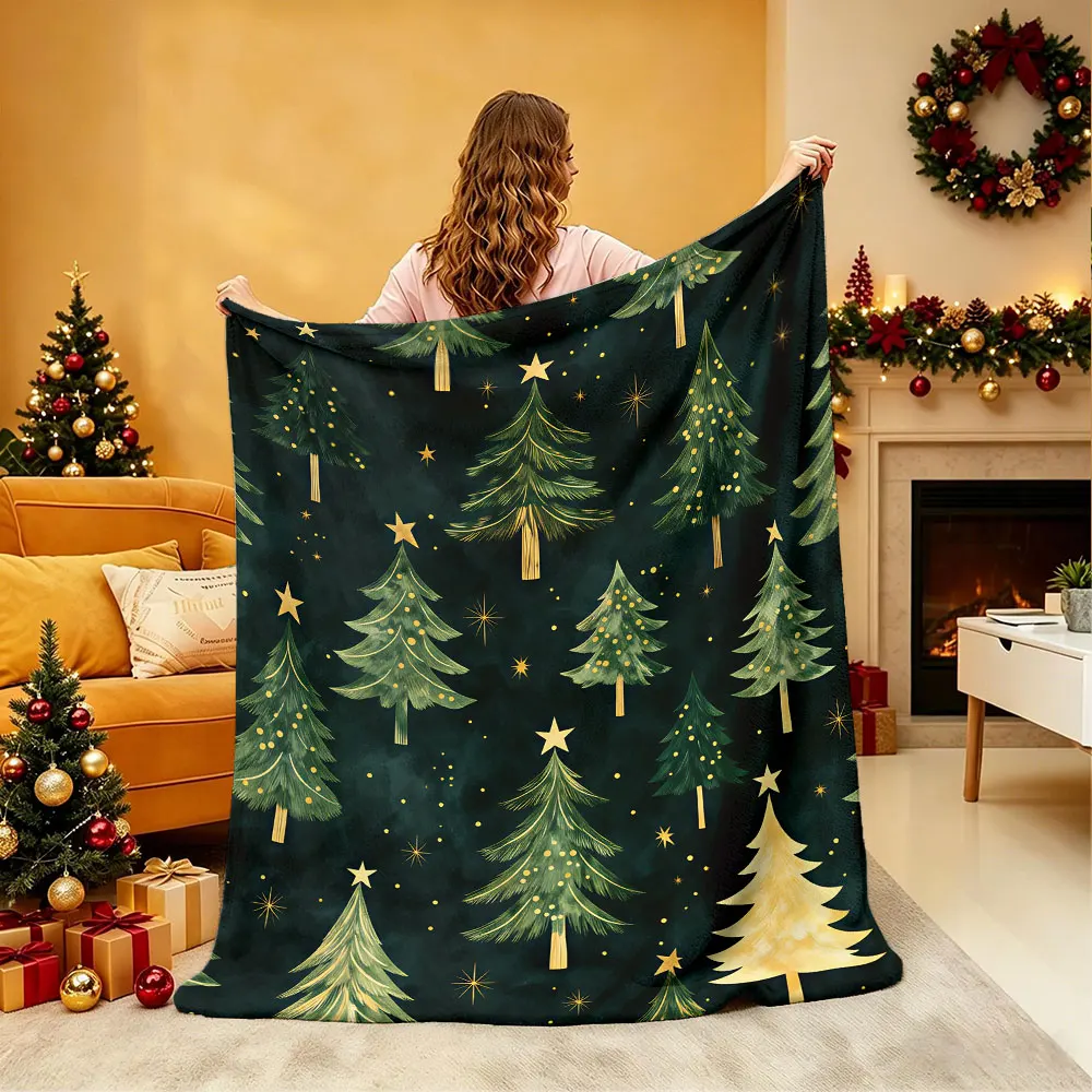 1pc Vintage Star Night Christmas Tree Flannel Blanket Soft Warm Throw Blanket For Sofa Couch Nap Home Decor Holiday Christmas