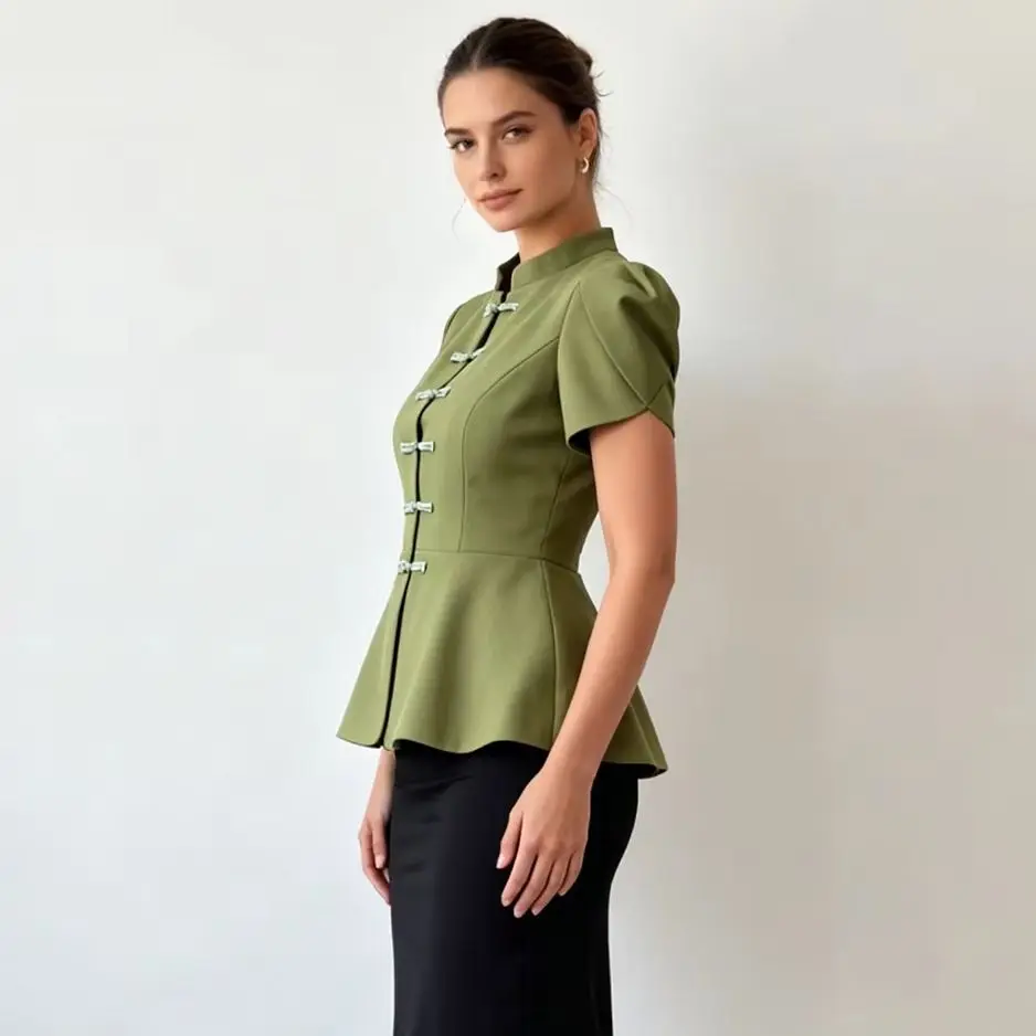 Retro Frog Peplum Blouse with Stand Collar and Puff Sleeves