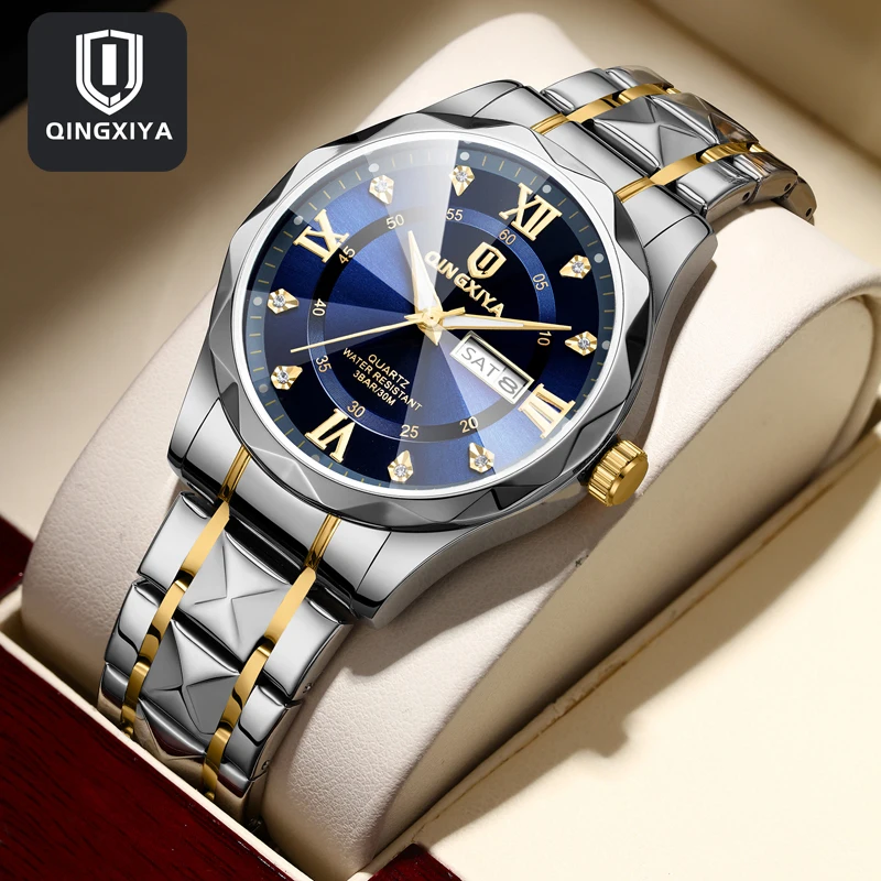 

QINGXIYA Mens Watches Top Brand Luxury Rhombus Mirror Quartz Watch for Men Stainless Steel Waterproof Luminous Date Week Clock