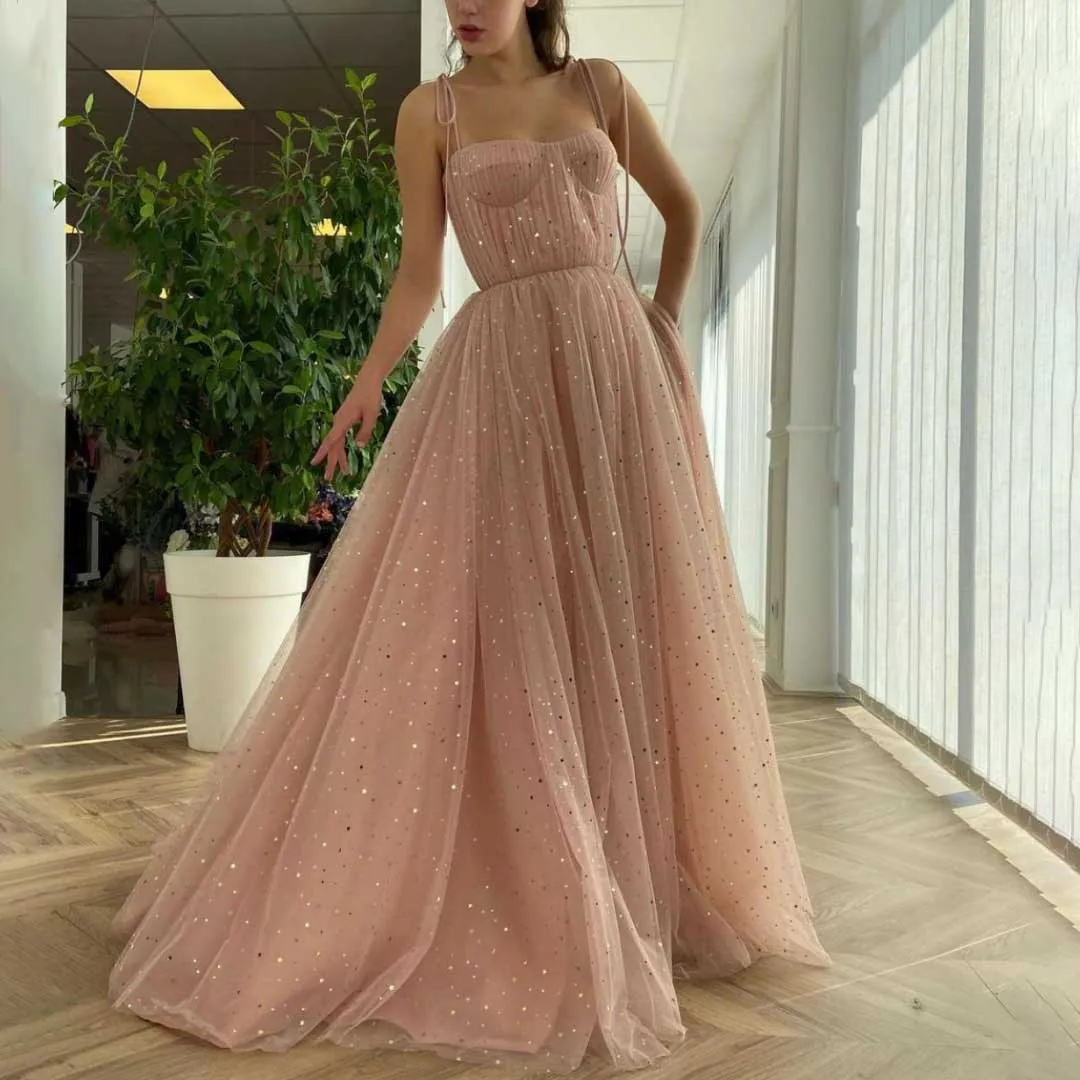 チュール スパゲッティストラップ スパンコール プロムドレス スイートハート コルセット プリーツ Aライン 卒業式ドレス 上品 無地 クリスマス イブニングドレス